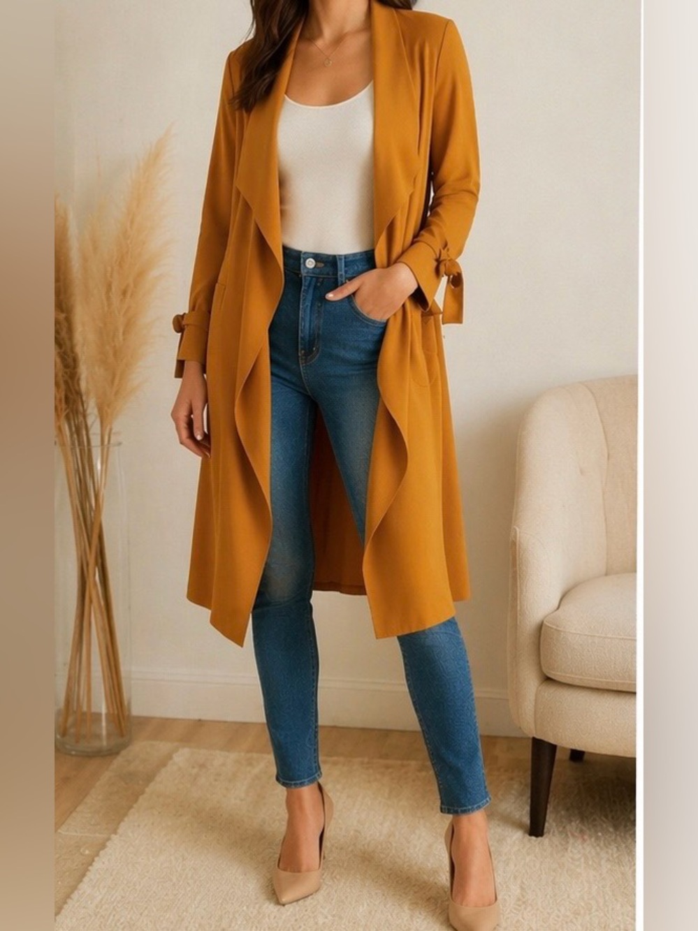 Express Mustard Drape Front Coat | Long Cardigan Jacket | Chic Elegant | Size S